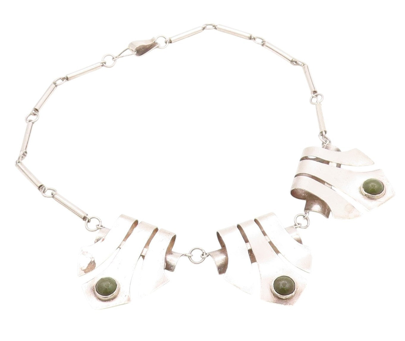 925 Sterling Silver Vintage Necklace MEXICO Trible Design Cut Gemstone  NE4535