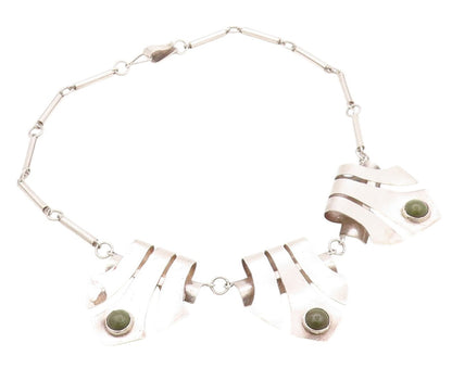 925 Sterling Silver Vintage Necklace MEXICO Trible Design Cut Gemstone  NE4535