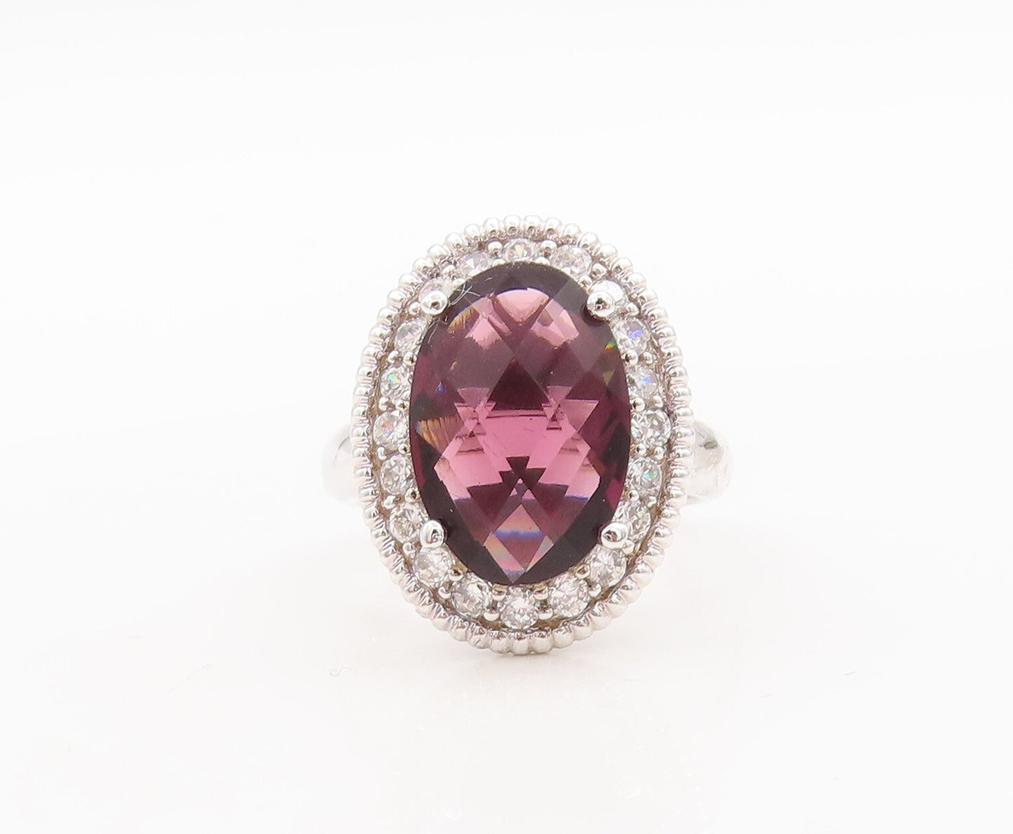 925 Sterling Silver Vintage Ring Oval Cut Amethyst Halo Topaz  Sz 7.5  RG29480