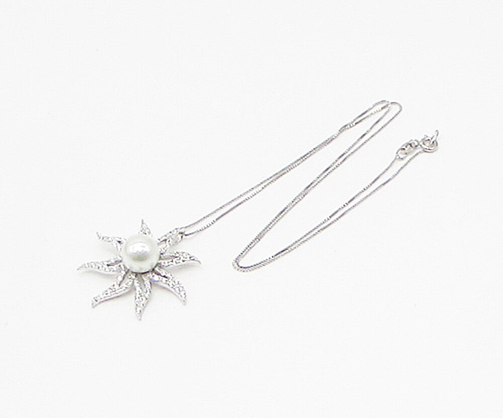 925 Silver  Freshwater Pearl & Cubic Zirconia Floral Pendant & Chain  PT2465