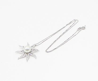 925 Silver  Freshwater Pearl & Cubic Zirconia Floral Pendant & Chain  PT2465