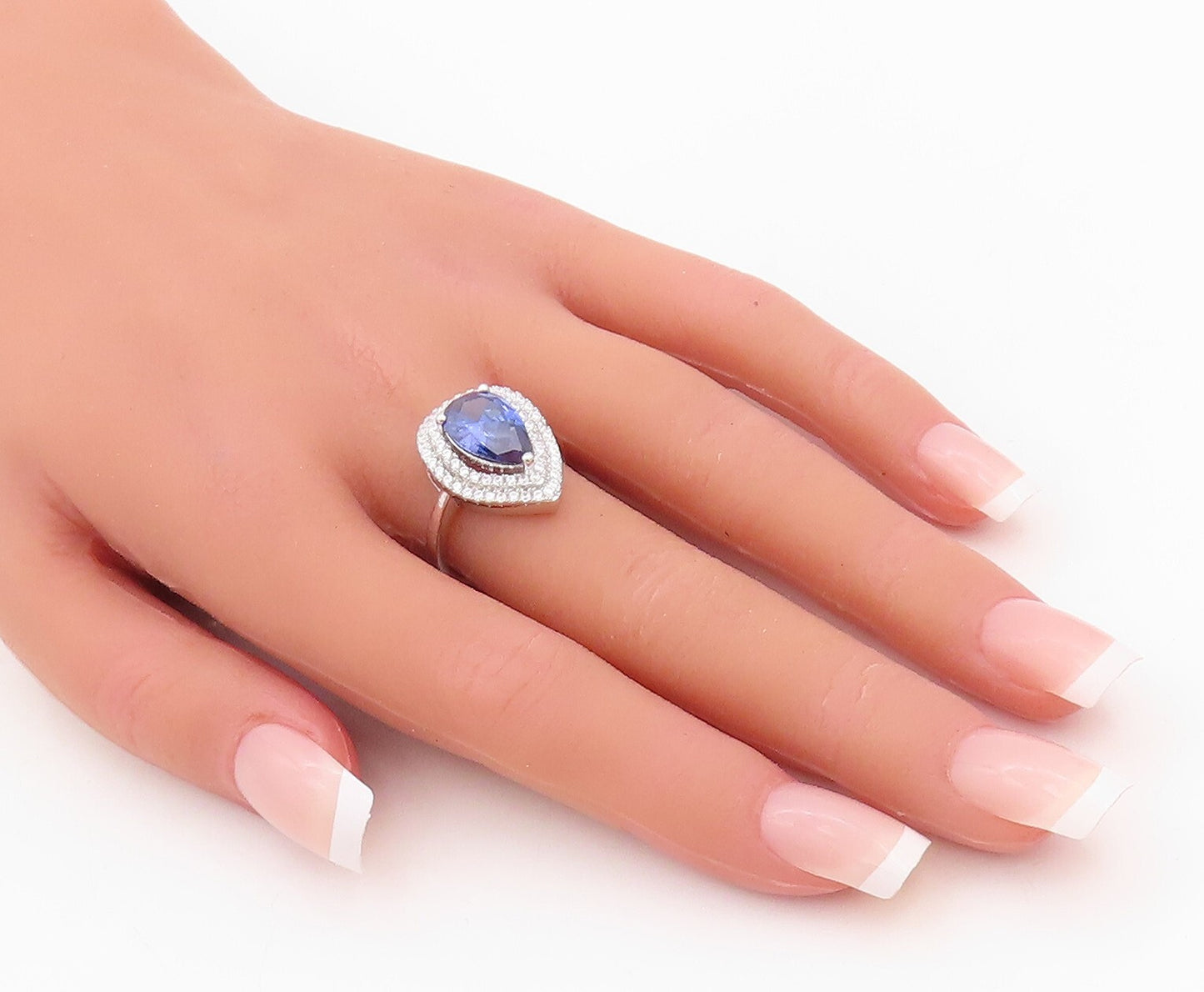 925 Sterling Silver Vintage Ring Designer Drop Cut Sapphire Halo CZ Sz 7 RG30142
