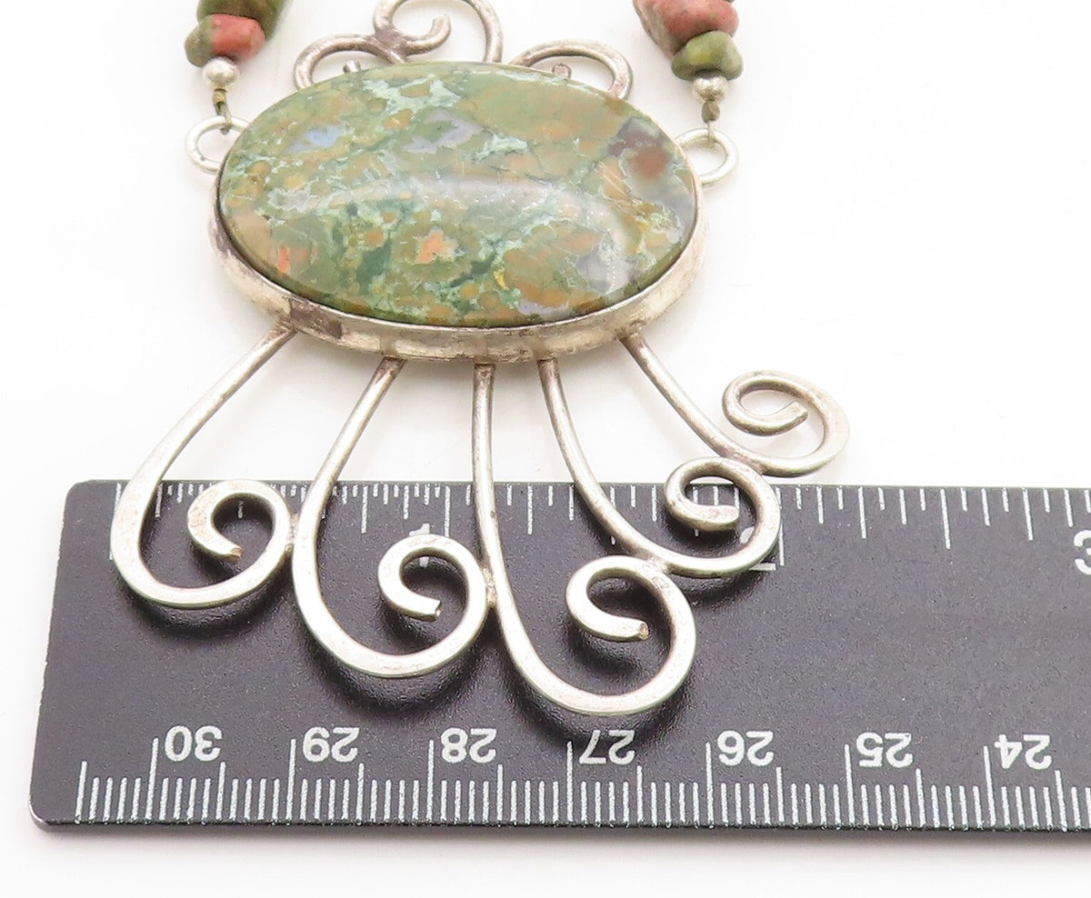 DESIGNER 925 Sterling Silver  Vintage Jasper Beaded Chain Necklace  NE1907