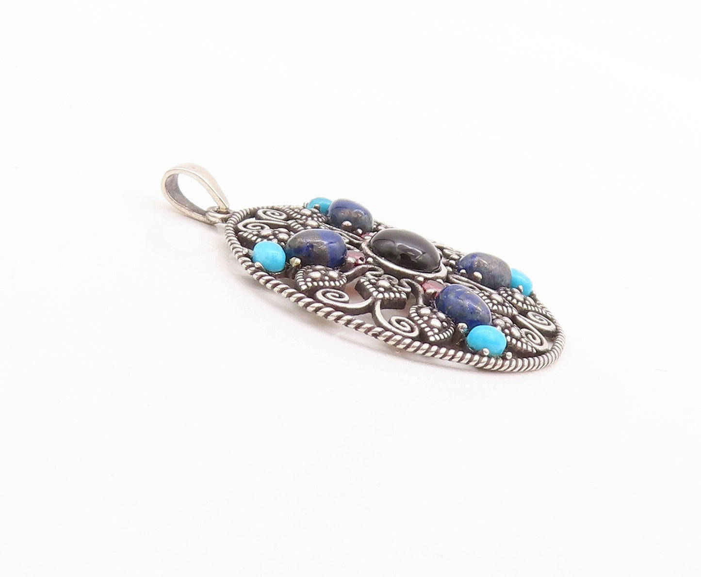 925 Sterling Silver Vintage Pendant Dark Tone Cutout Gemstone Inlay PT23648