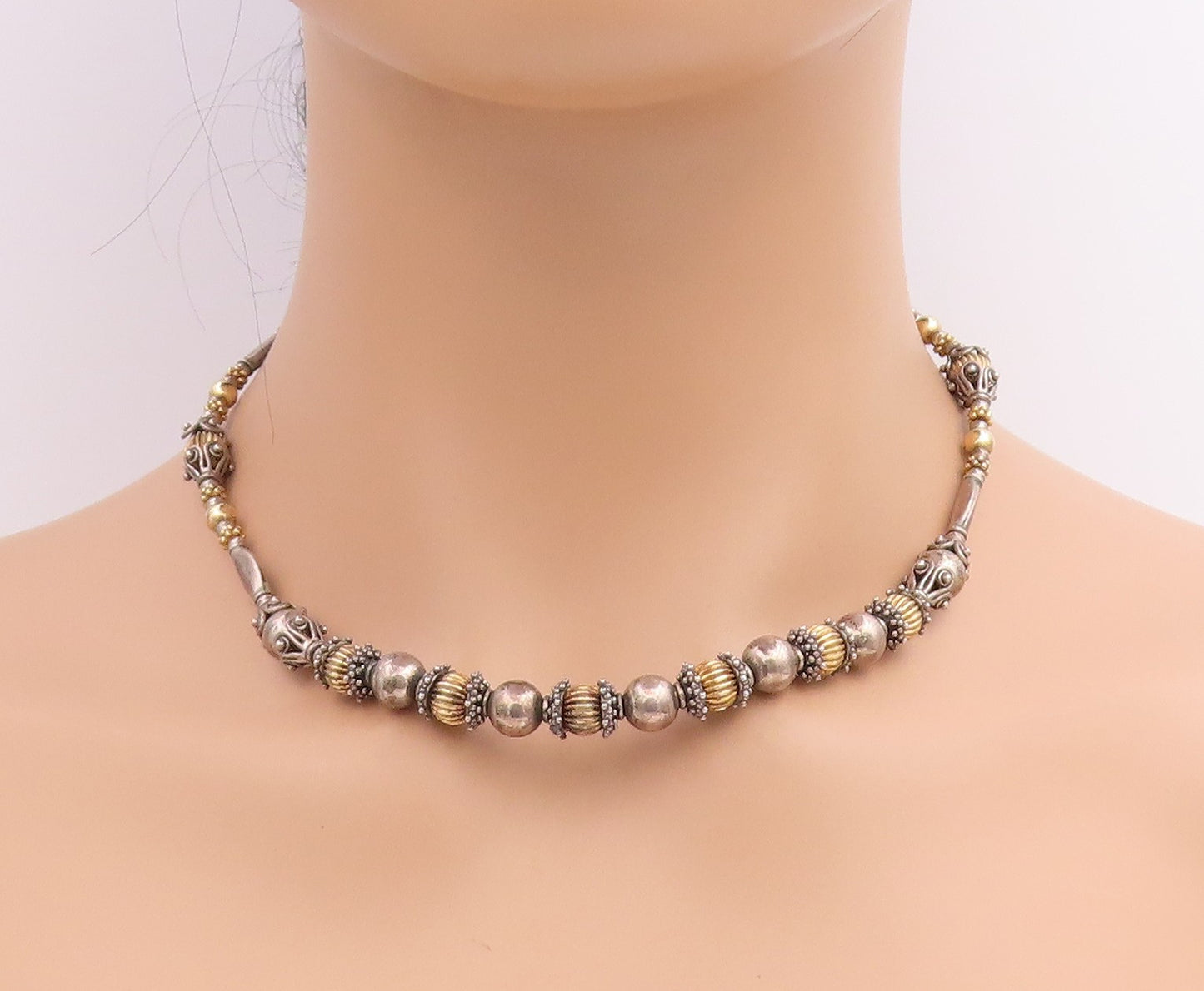 925 Sterling Silver Vintage Necklace Two Tone Bohemian Ethnic Bead Chain  NE4782