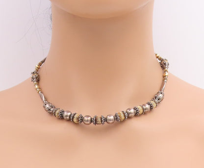925 Sterling Silver Vintage Necklace Two Tone Bohemian Ethnic Bead Chain  NE4782
