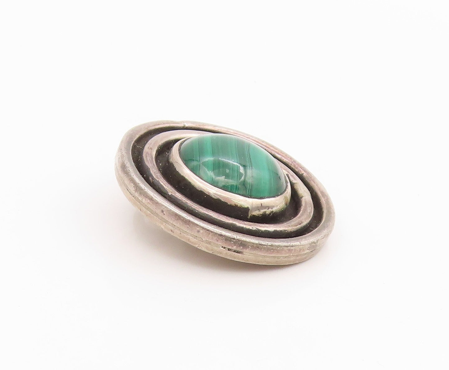 925 Sterling Silver Vintage Pendant Round Malachite Concentric Circles  PT25683