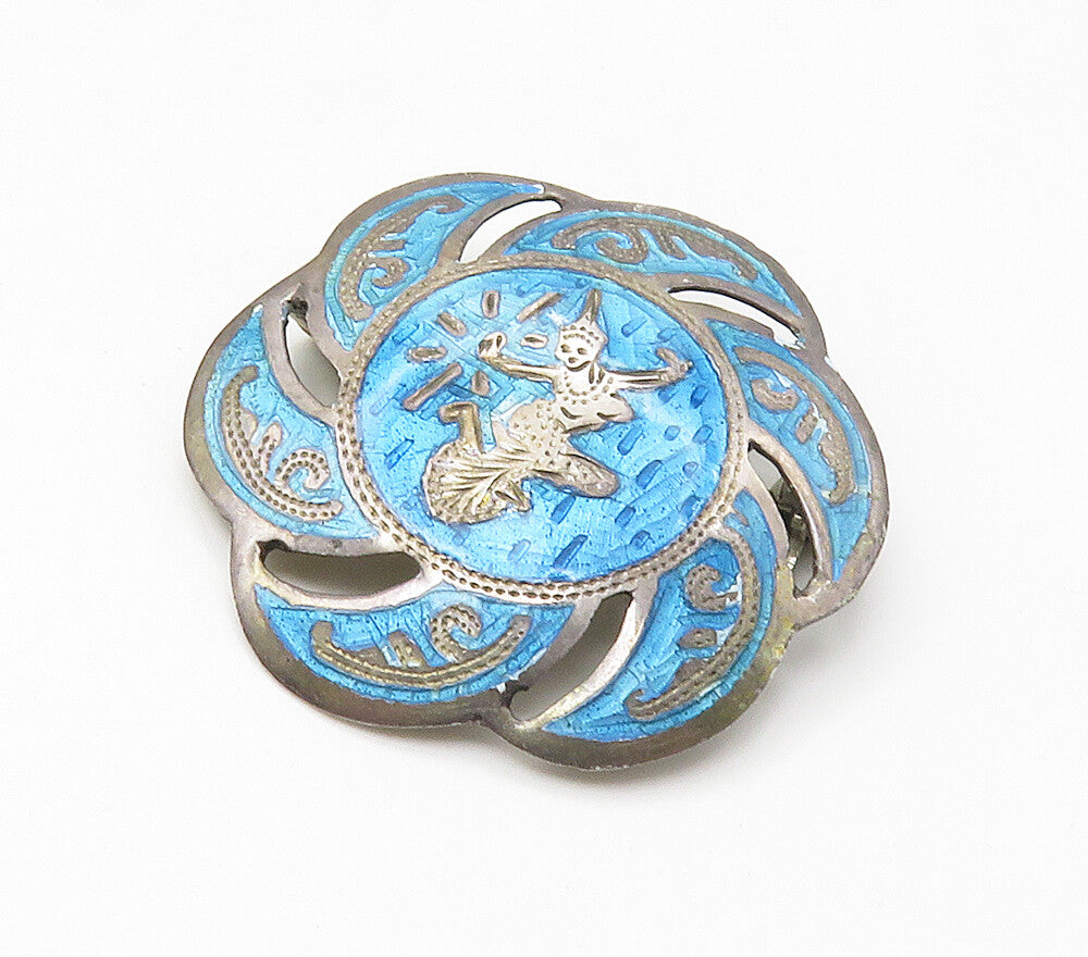 SIAM 925 Sterling Silver  Vintage Blue Enamel Dancer Round Brooch Pin  BP6526