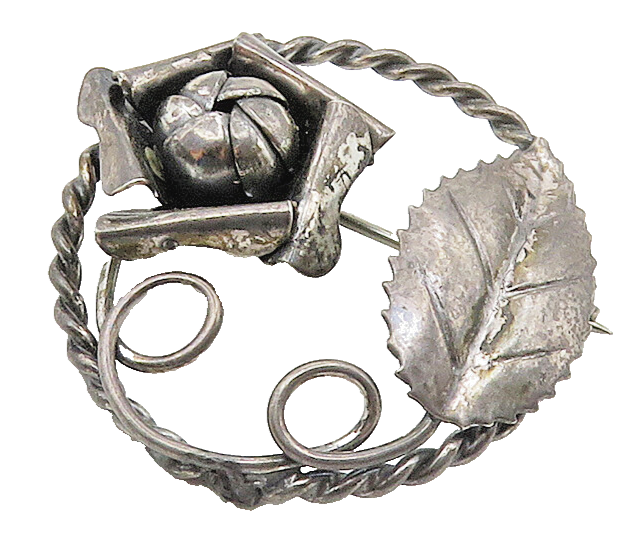925 Sterling Silver  Vintage Dark Tone Flower Twist Border Brooch Pin  BP6544