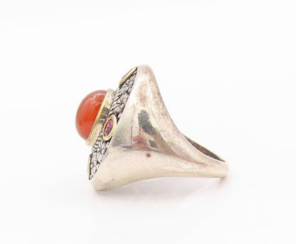 14k Gold 925 Sterling Silver Vintage Ring Gemstone Floral Carved SZ 7.5 RG32218