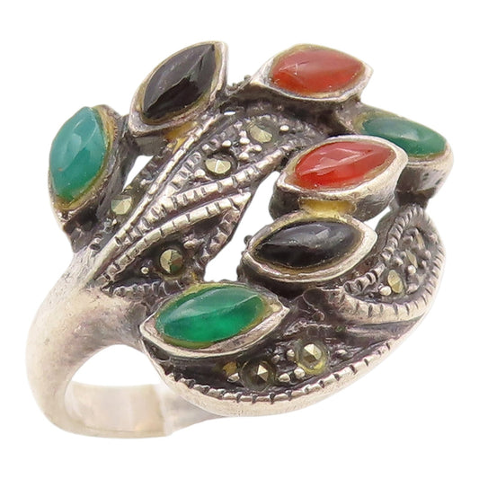 925 Sterling Silver Vintage Ring Multi Gemstone Leaf Bypass Band  Sz 7  RG35360