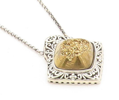 BERIA 925 Silver  Vintage Gold Druzy Stone Floral Swirl Chain Necklace  NE1325