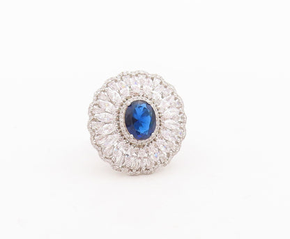 925 Sterling Silver Vintage Ring Sapphire & CZ Floral Inlay  Sz 7.5  RG29808