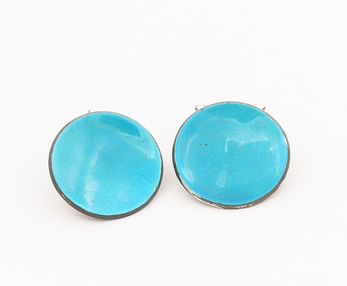 925 Sterling Silver Vintage Cufflinks CELLINI Blue Enameled Round Pair  TR4125