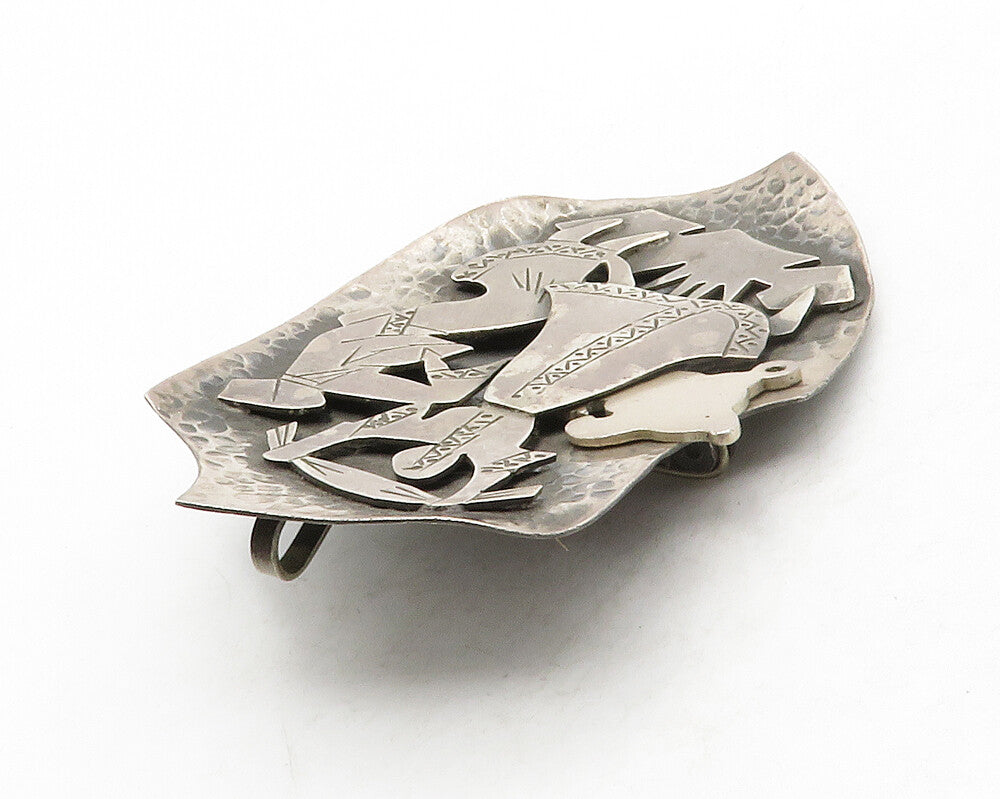 ISRAEL 925 Silver  Vintage Oxidized Dancing People Hammered Brooch Pin  BP4991