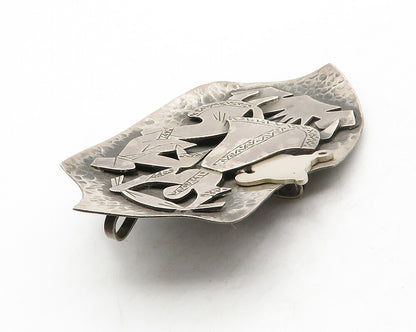 ISRAEL 925 Silver  Vintage Oxidized Dancing People Hammered Brooch Pin  BP4991