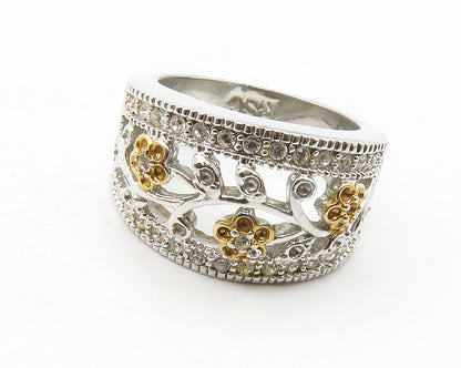 925 Sterling Silver  Topaz Two Tone Floral Vine Motif Band Ring Sz 6  RG13274