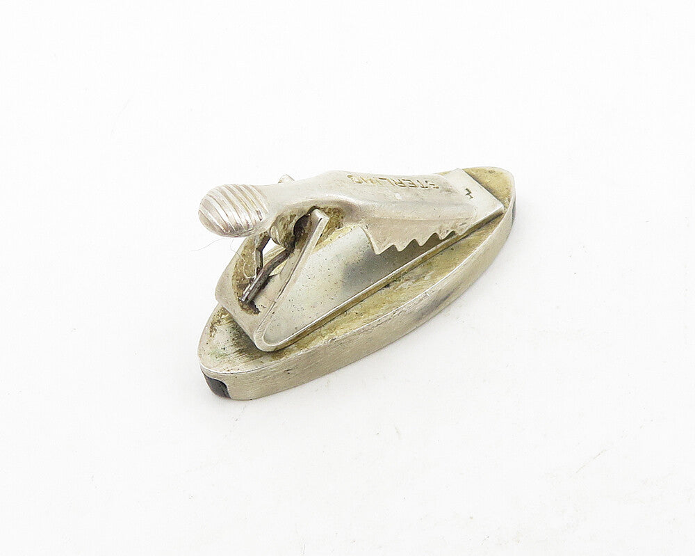 925 Sterling Silver  Vintage Petite Wooden Detail Oval Tie Clip  TR2448