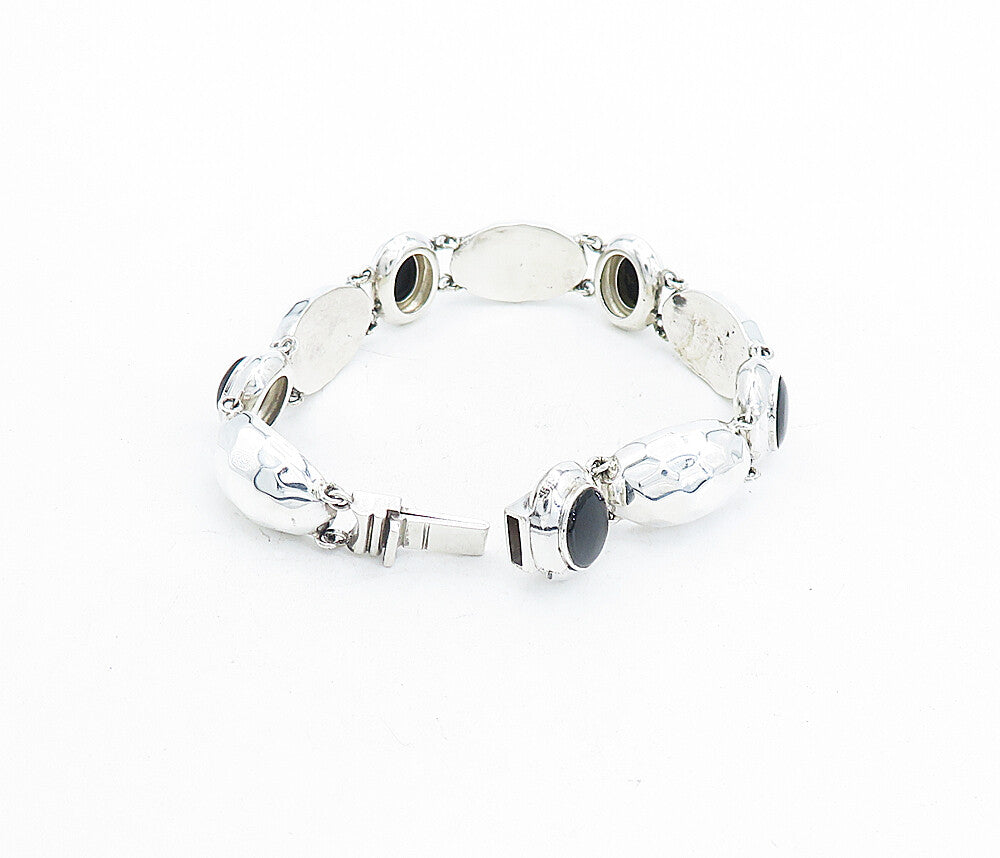 925 Sterling Silver  Black Onyx Shiny Hammered Dome Chain Bracelet  BT1933