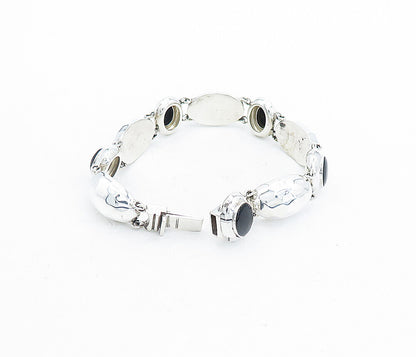 925 Sterling Silver  Black Onyx Shiny Hammered Dome Chain Bracelet  BT1933