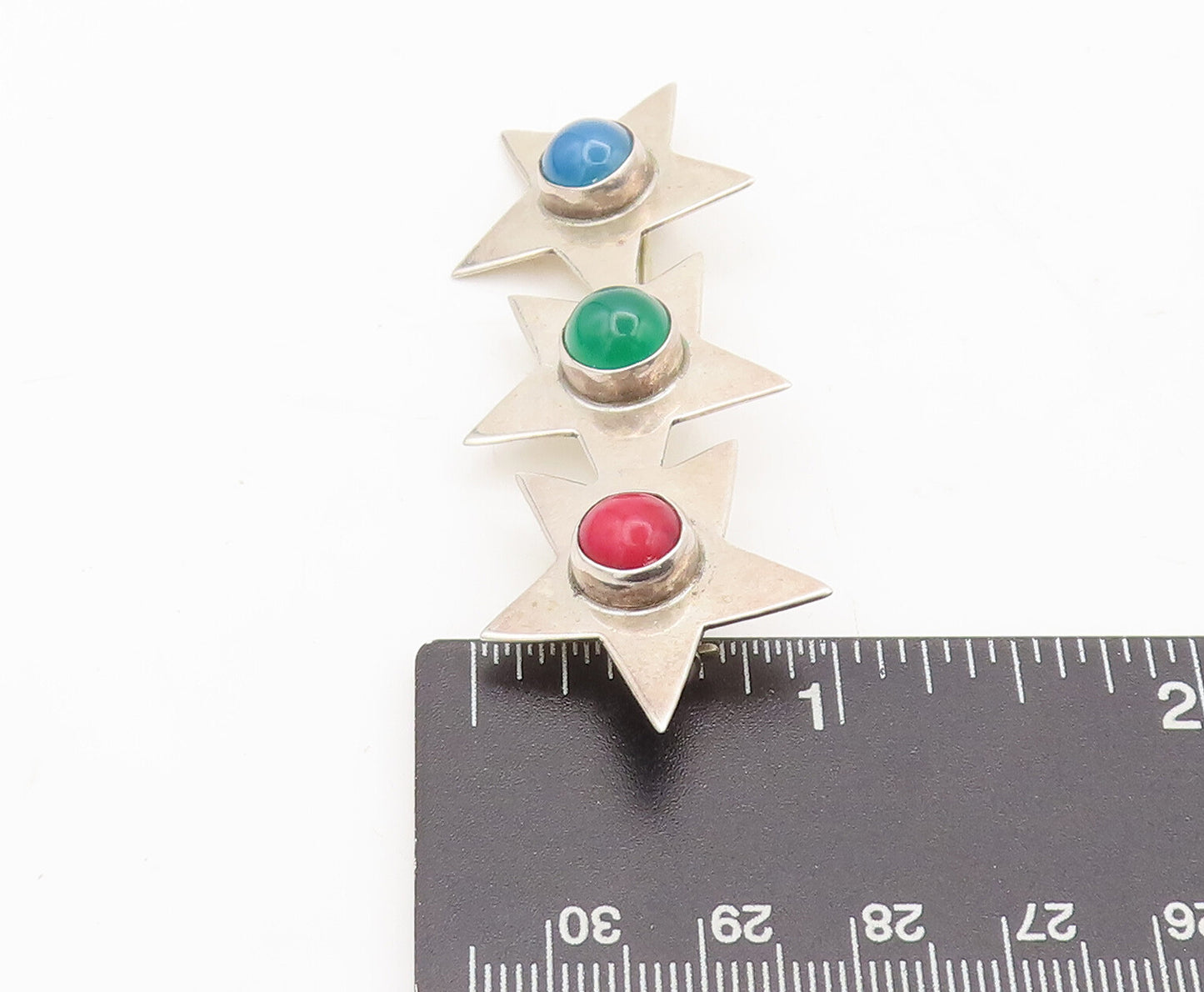 925 Sterling Silver Vintage Brooch Pin MEXICO Three Gemstone Solid Star  BP10536