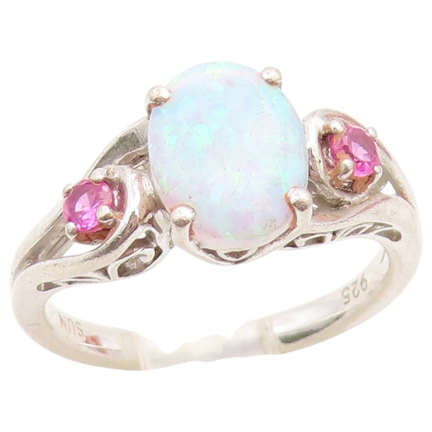 925 Sterling Silver Vintage Ring Oval Fire Opal & Pink Topaz Band  Sz 7  RG36667