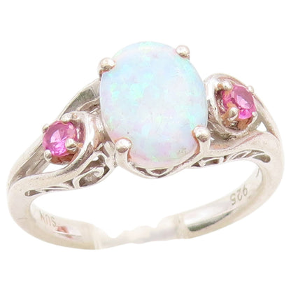 925 Sterling Silver Vintage Ring Oval Fire Opal & Pink Topaz Band  Sz 7  RG36667