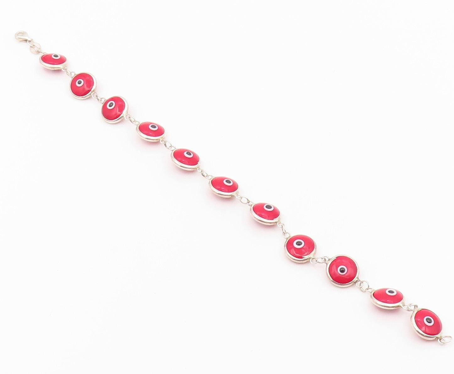 925 Sterling Silver  Vintage Red Evil Eye Protection Chain Bracelet  BT9403