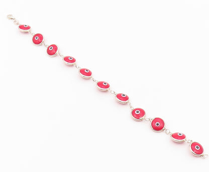 925 Sterling Silver  Vintage Red Evil Eye Protection Chain Bracelet  BT9403