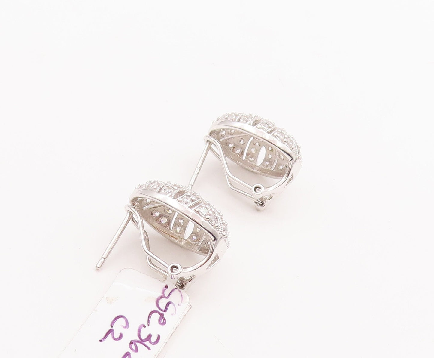 925 Sterling Silver Vintage Earrings Cutout Inlay Square Maine Stone CZ  EG12903