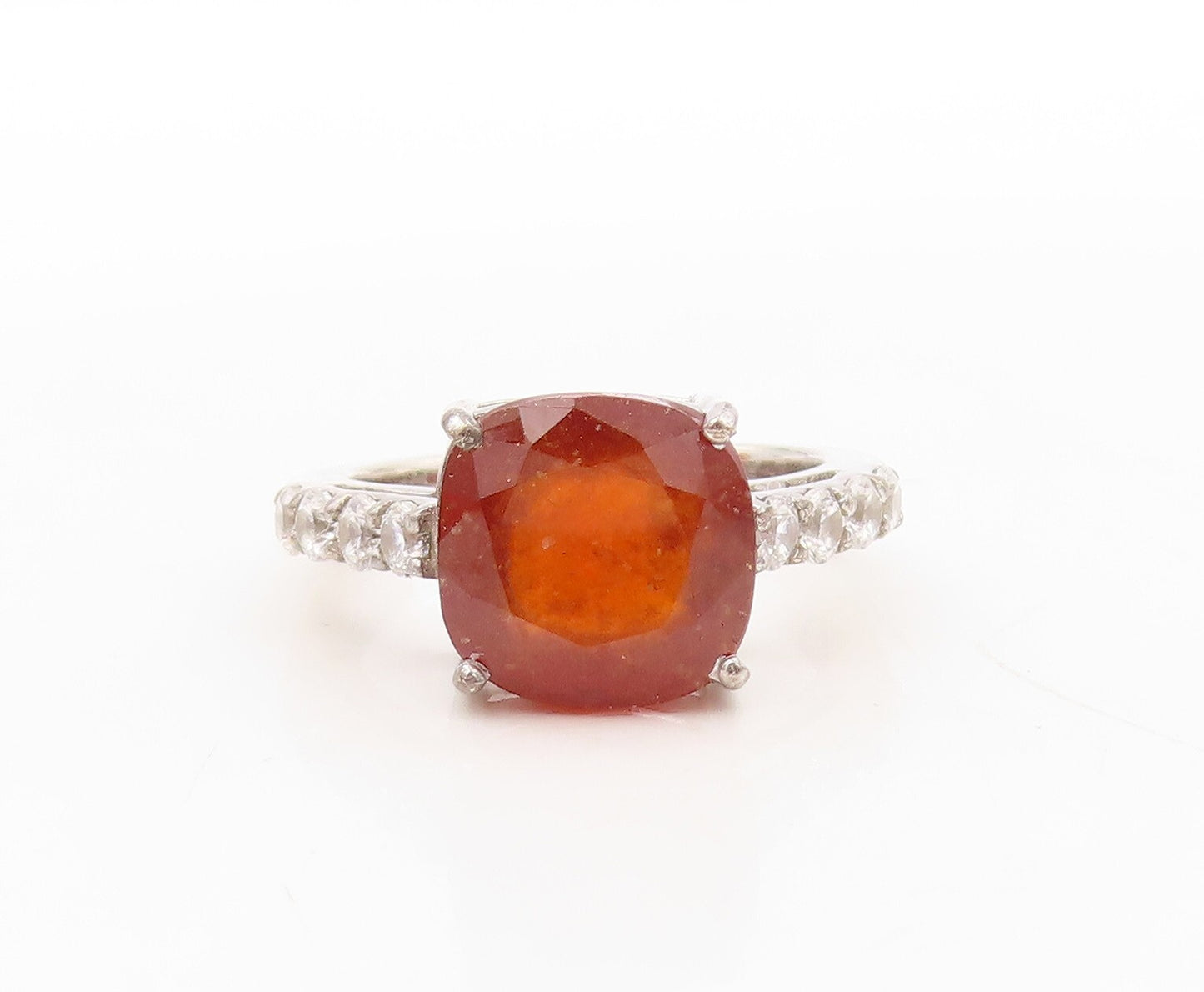 925 Sterling Silver Vintage Ring Square Cut Brown Gemstone & CZ  Sz 7  RG30898