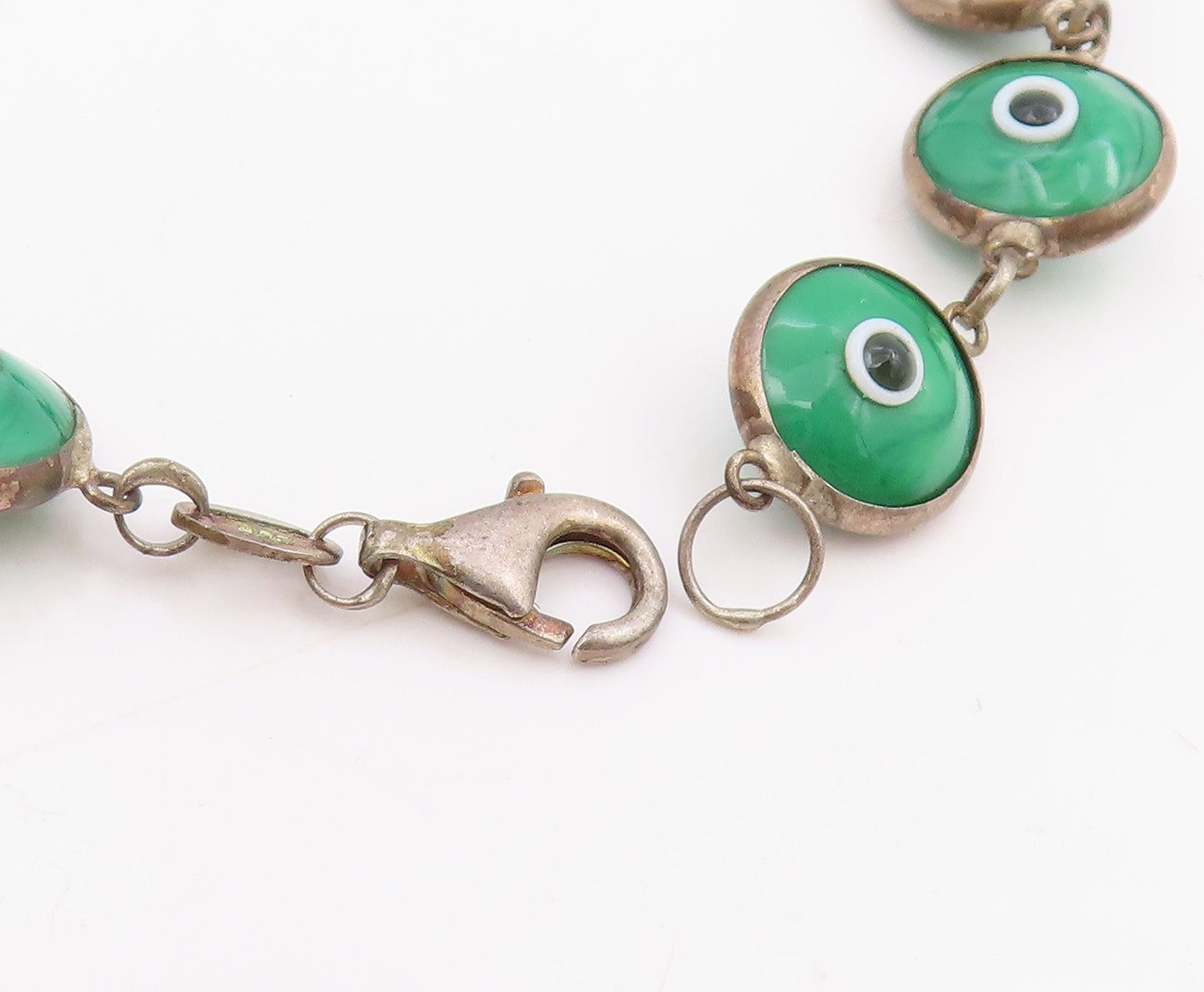 925 Sterling Silver Vintage Bracelet Green Evil Eye Design Link Chain  BT11556