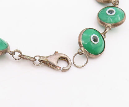 925 Sterling Silver Vintage Bracelet Green Evil Eye Design Link Chain  BT11556
