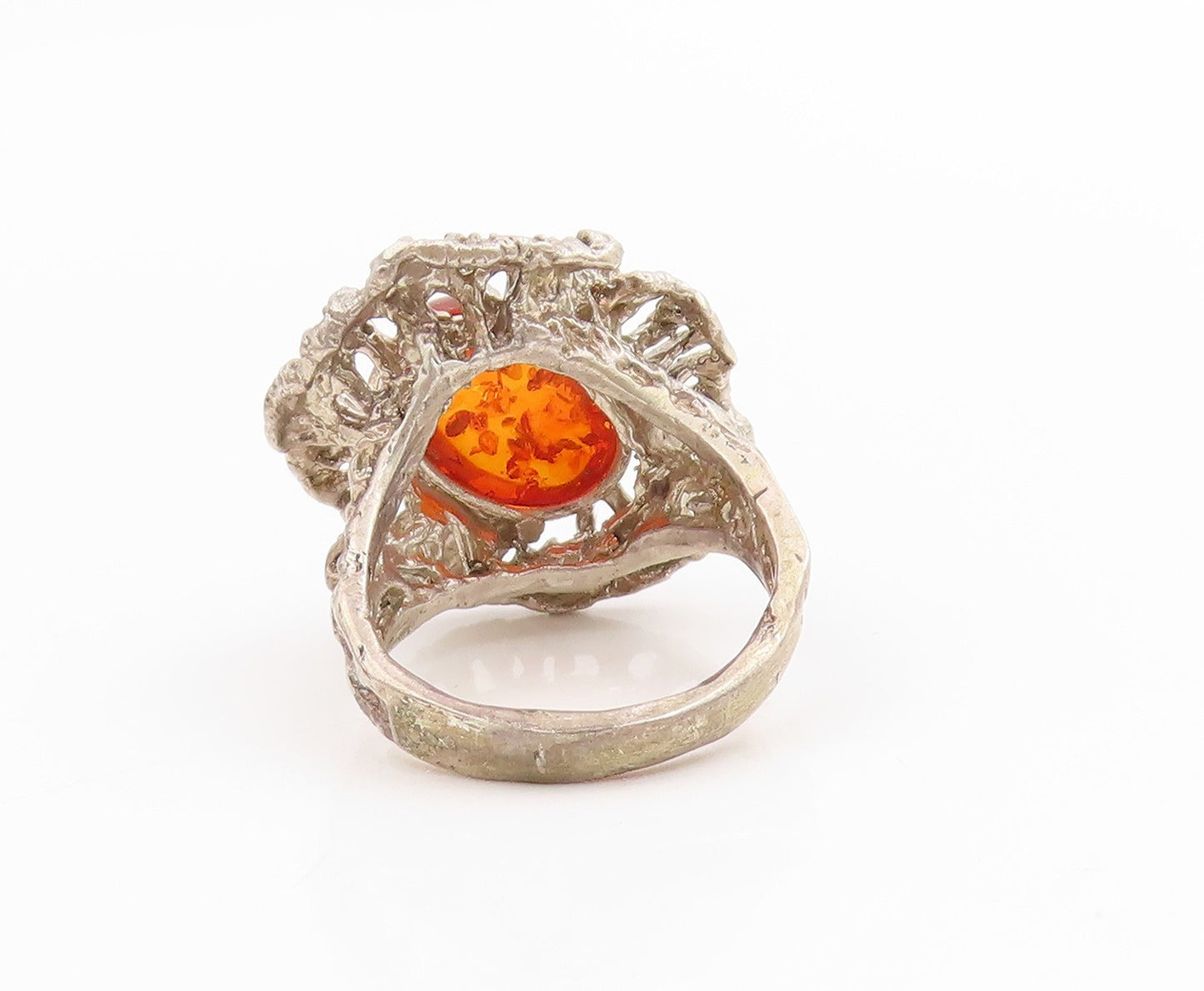 925 Sterling Silver Vintage Ring Oval Honey Amber Brutalist Band Sz 7.5 RG33932