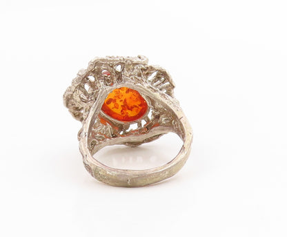 925 Sterling Silver Vintage Ring Oval Honey Amber Brutalist Band Sz 7.5 RG33932