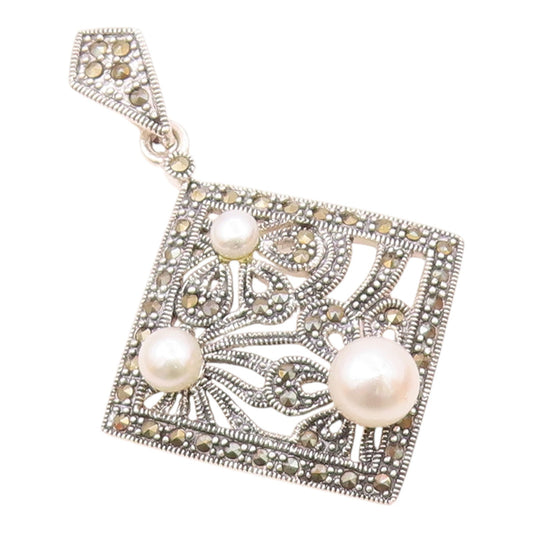 925 Silver  Vintage Freshwater Pearls & Marcasite Floral Pendant  PT16813