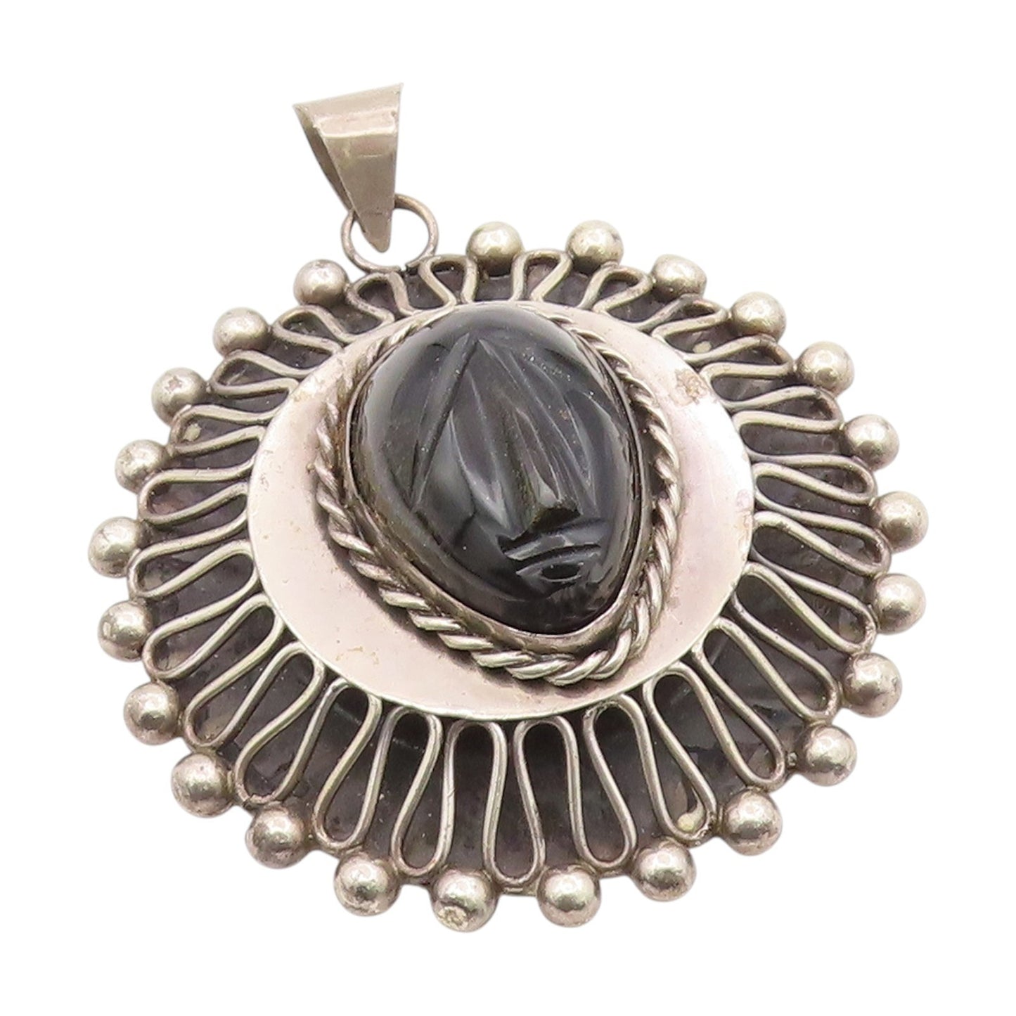 925 Sterling Silver Vintage Pendant MEXICO Carved Onyx Mayan Tribal Face PT25733