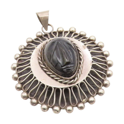 925 Sterling Silver Vintage Pendant MEXICO Carved Onyx Mayan Tribal Face PT25733