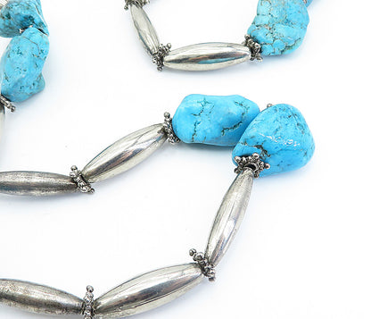 925 Sterling Silver  Vintage Rough Turquoise Barrel Bead Chain Necklace NE1040