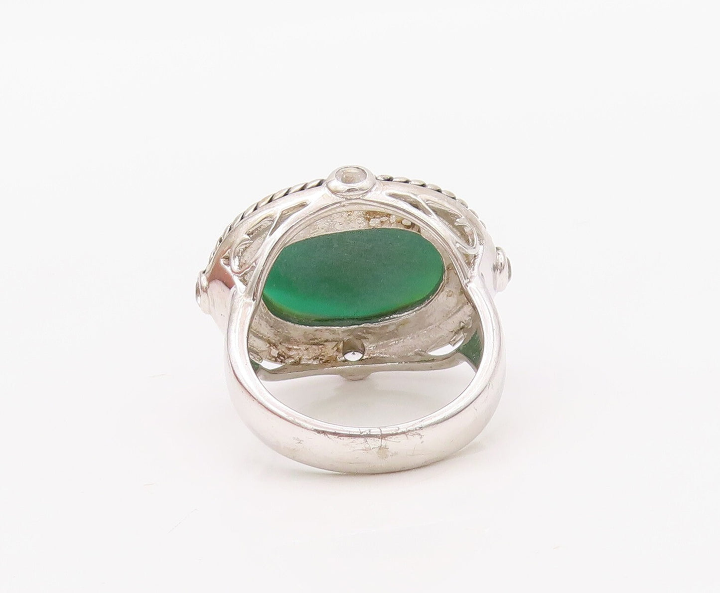 925 Sterling Silver Vintage Ring Twisted Rope Oval Green Onyx & CZ Sz 7  RG30304