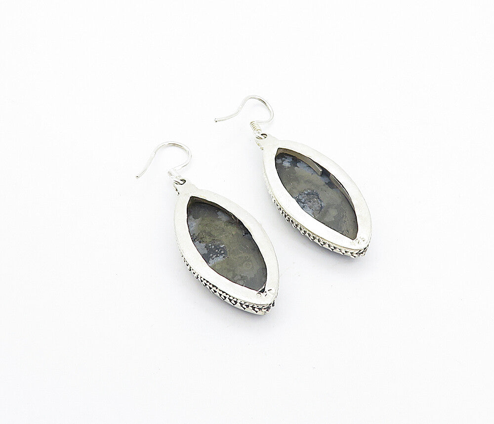 925 Sterling Silver Vintage Snowflake Obsidian Pointed Dangle Earrings EG3169