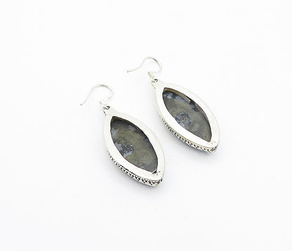 925 Sterling Silver Vintage Snowflake Obsidian Pointed Dangle Earrings EG3169