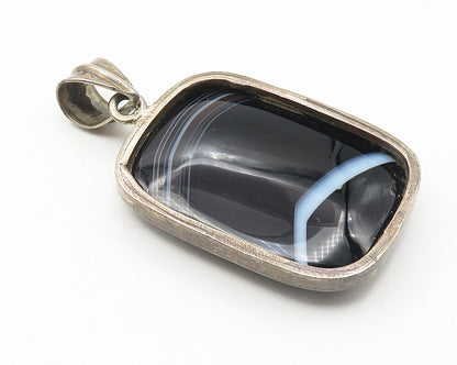 925 Sterling Silver  Vintage Black Agate Dark Tone Square Drop Pendant  PT8364