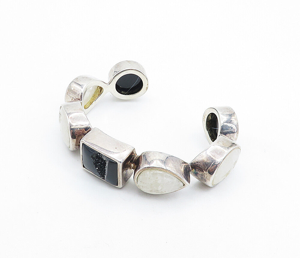 ISHARYA 925 Silver Quartz & Black Agate Multi Shape Cuff Bracelet BT3057