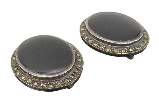 925 Silver  Vintage Black Onyx & Marcasite Non Pierce Drop Earrings  EG5835