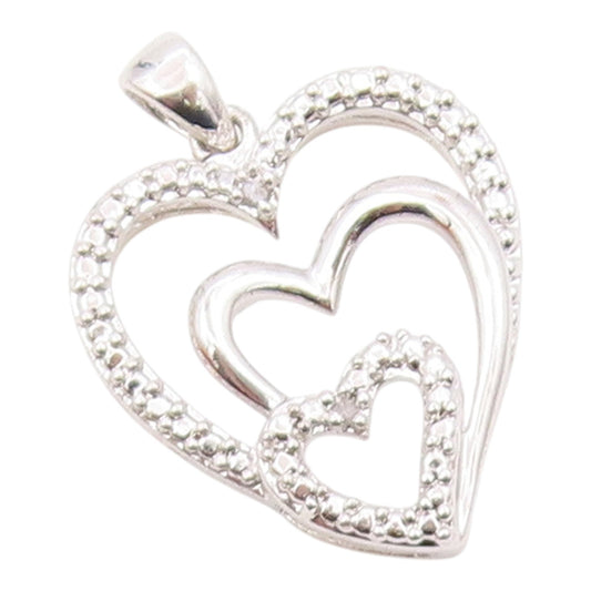 925 Silver  Vintage Genuine Diamond Graduated Love Hearts Pendant  PT15685