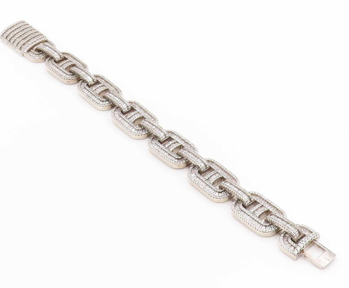 925 Sterling Silver Vintage Bracelet Topaz Baguette Mariner Link Chain  BT11305