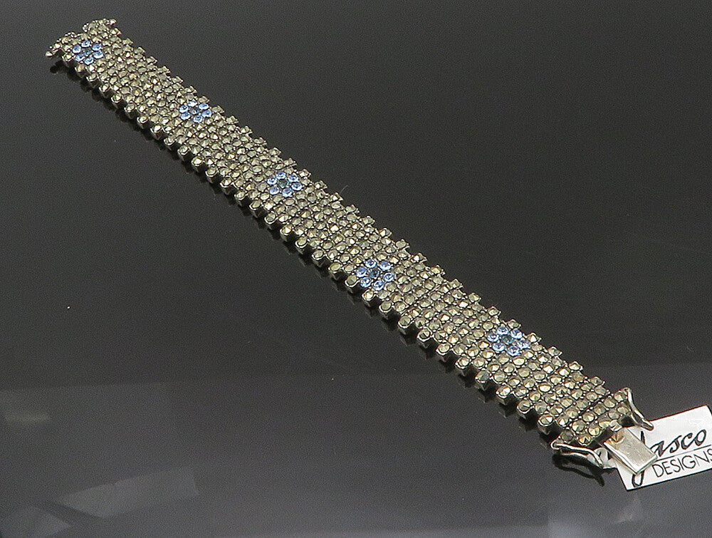 925 Sterling Silver  Topaz & Marcasite Floral Tennis Bracelet  BT1015