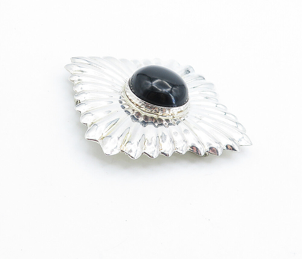 MEXICO 925 Sterling Silver  Vintage Black Onyx Shiny Fluted Brooch Pin  BP2617