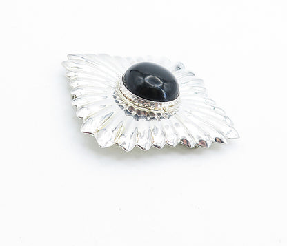 MEXICO 925 Sterling Silver  Vintage Black Onyx Shiny Fluted Brooch Pin  BP2617